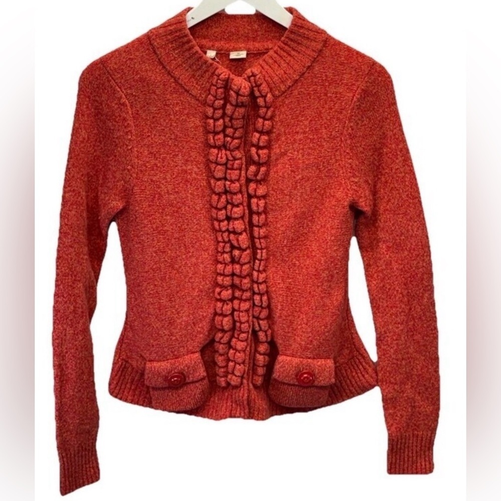 Anthropologie Moth Floating Spark Ruffle Front Knit Cardigan Sweater Small Coral